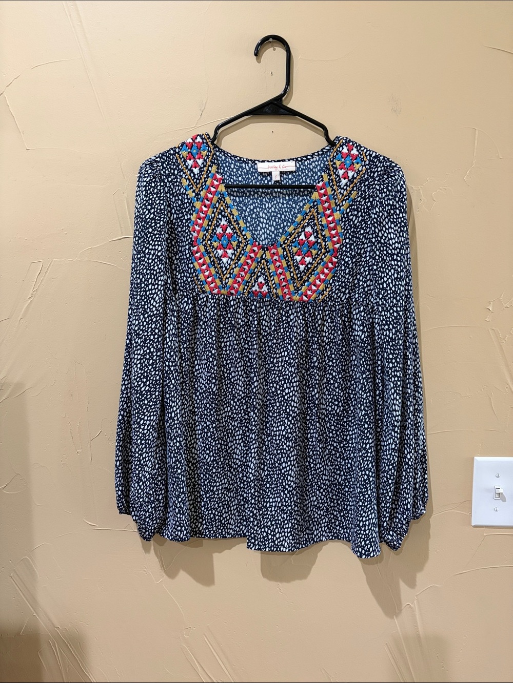 Hailey & Co. Boho Embroidered Navy Peasant Top